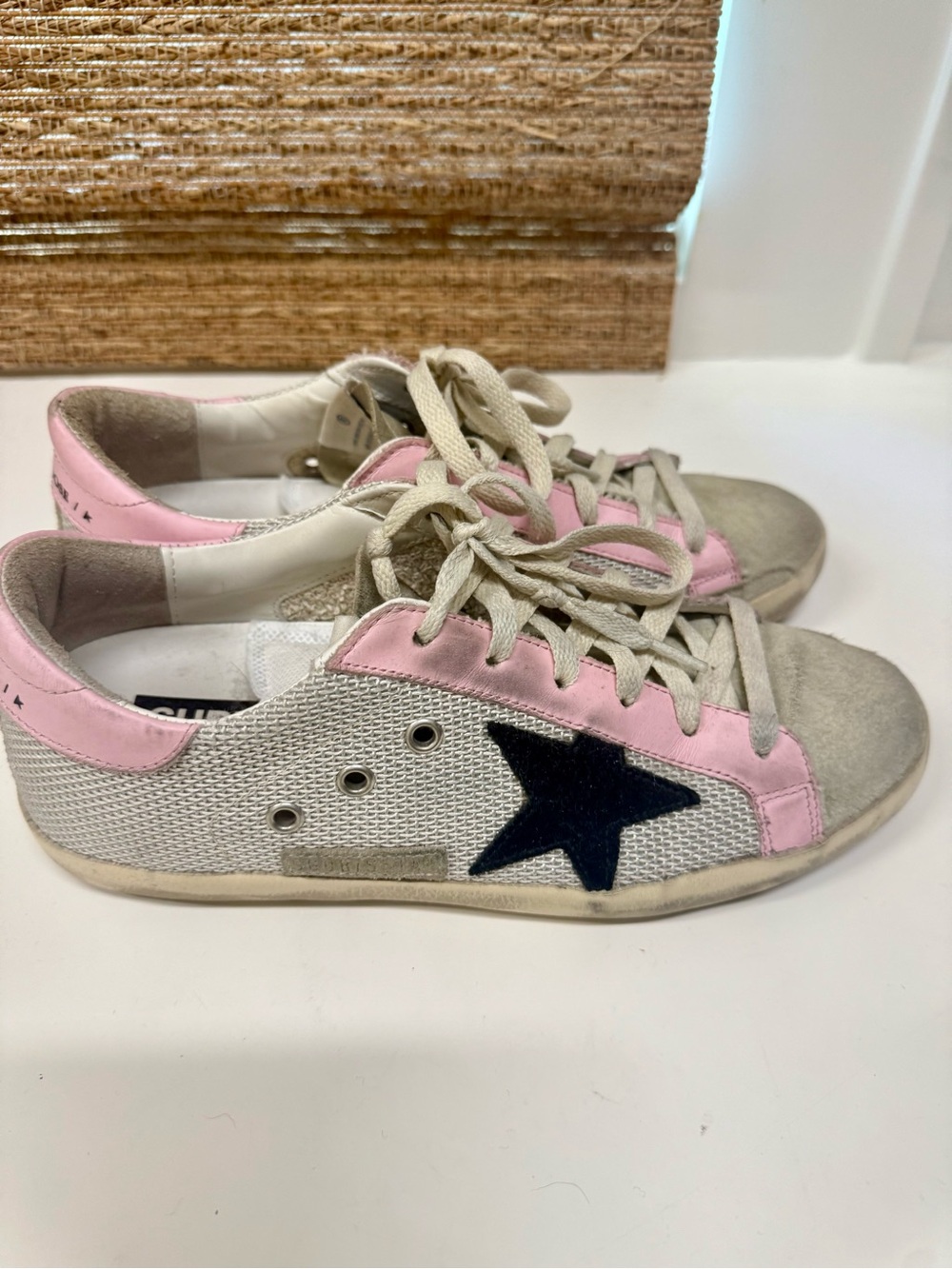 Golden Goose Mesh and Suede Pink & Black Star Lace-Up Sneakers